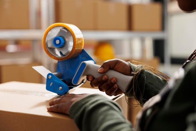 Storehouse worker using adhesive tape to pack clients orders